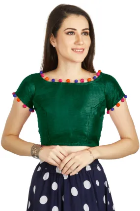 Aastha Fashion Bottle Green Art Sleek Boat Neck Potli Design In Neck Or Sleeve Readymade Blouse