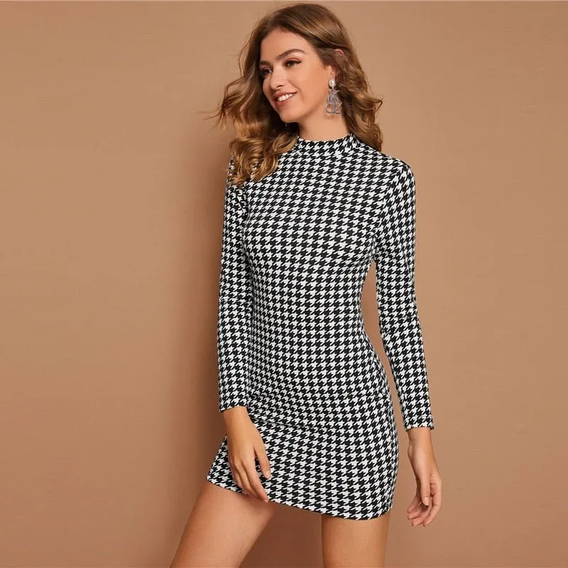 Black And White Mock Neck Houndstooth Print Bodycon Dress Women Spring Autumn Long Sleeve Elegant Pencil Fitted Dresses