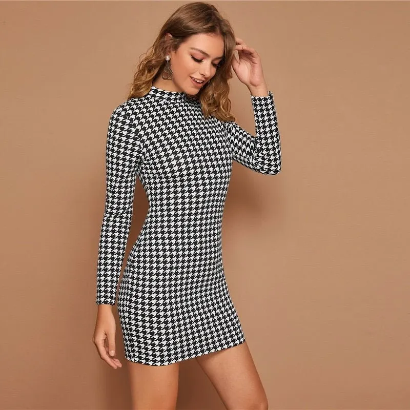 Black And White Mock Neck Houndstooth Print Bodycon Dress Women Spring Autumn Long Sleeve Elegant Pencil Fitted Dresses