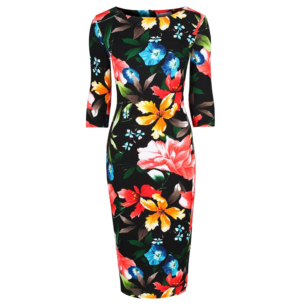 Black Floral Print 3/4 Sleeve Bodycon Pencil Wiggle Dress