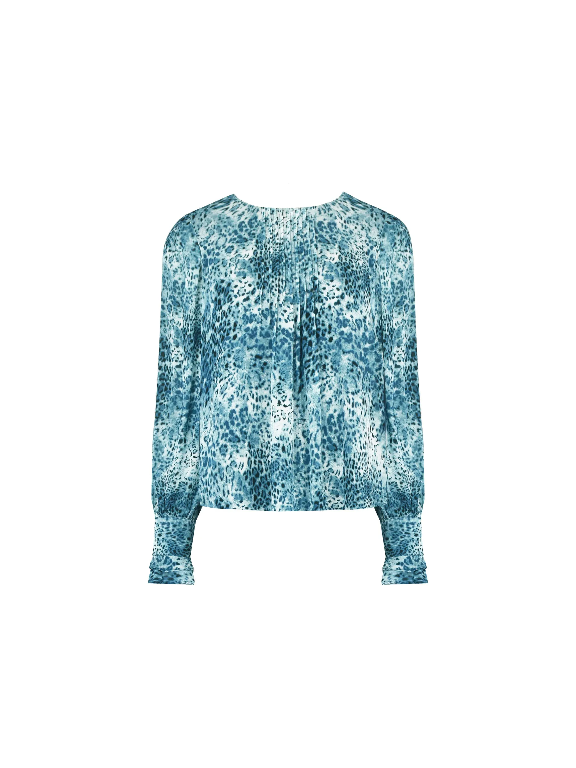 Blue Leopard Print Pintuck Blouse