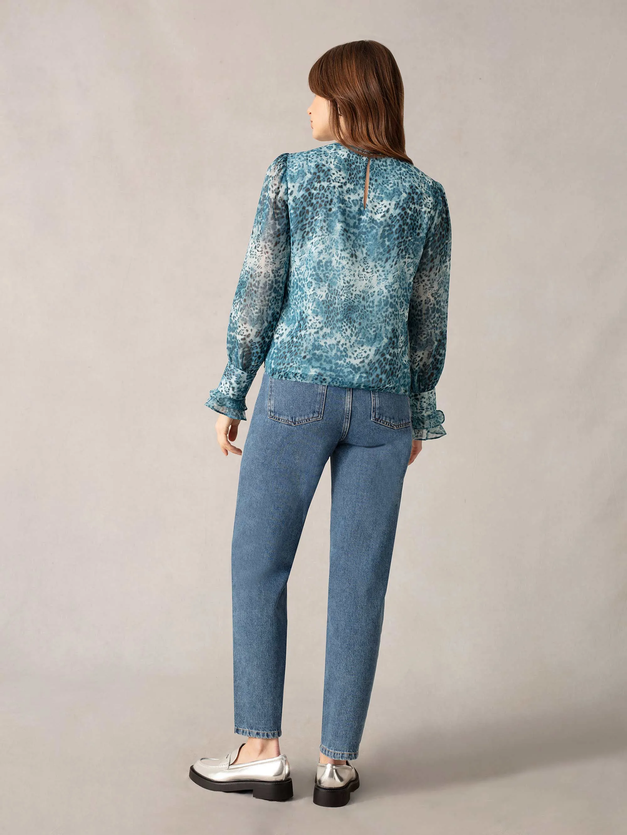 Blue Leopard Print Pintuck Blouse