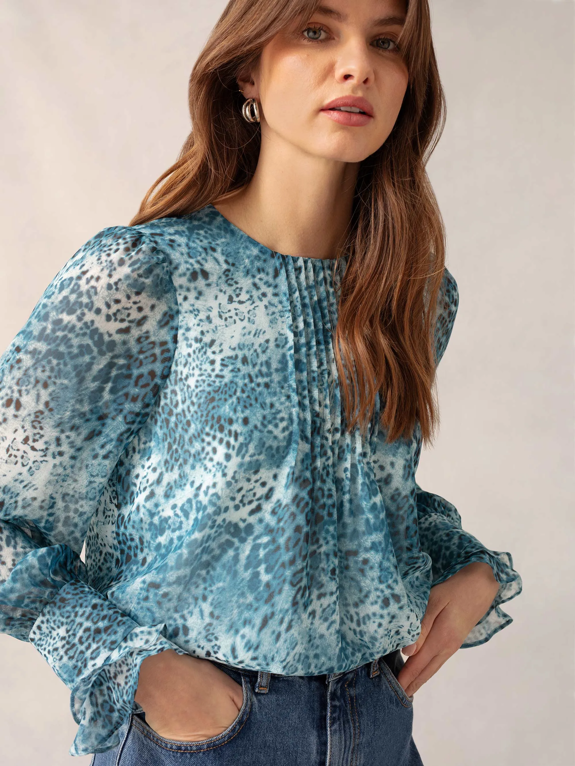 Blue Leopard Print Pintuck Blouse