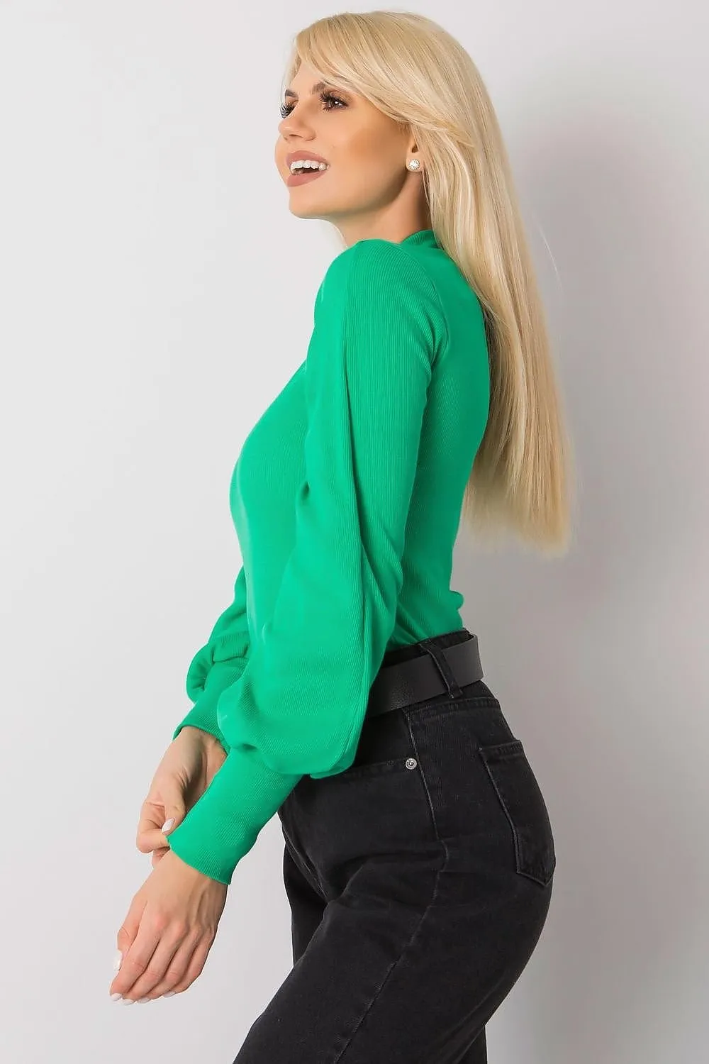 Chic Ribbed Blouse with Elegant Wide Cuffed Sleeves for Effortless Style