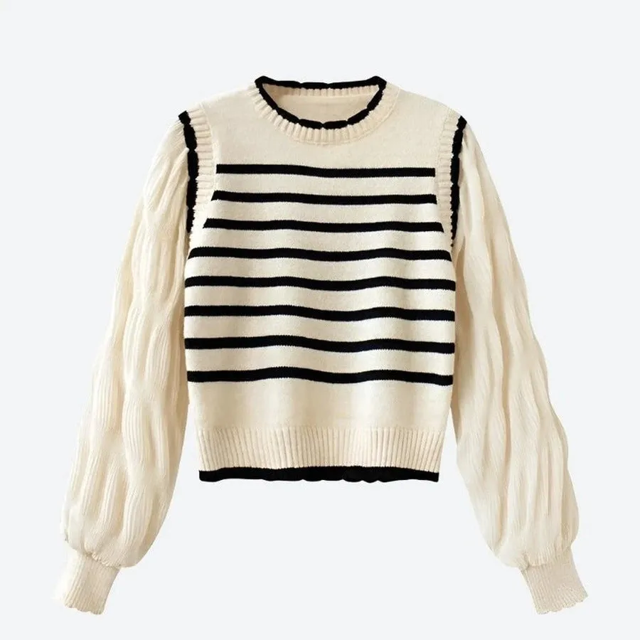 Chic Striped Puff-Sleeve Knit Sweaters