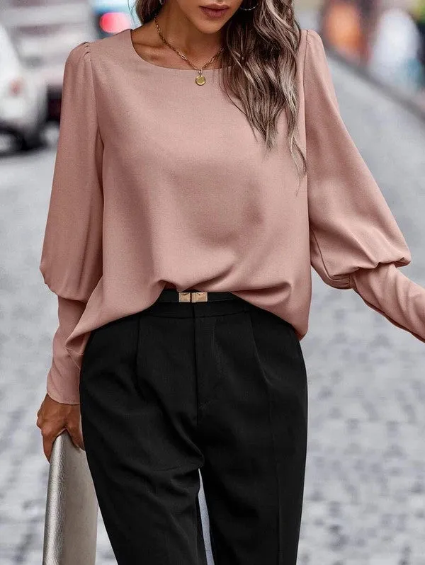 Contemporary Solid Taupe Button Long Sleeve Blouse