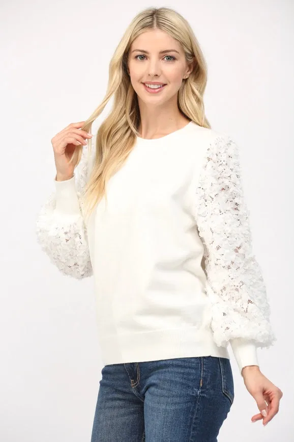 Contrast 3D Floral Lace Slv Crew Neck Sweater CREAM