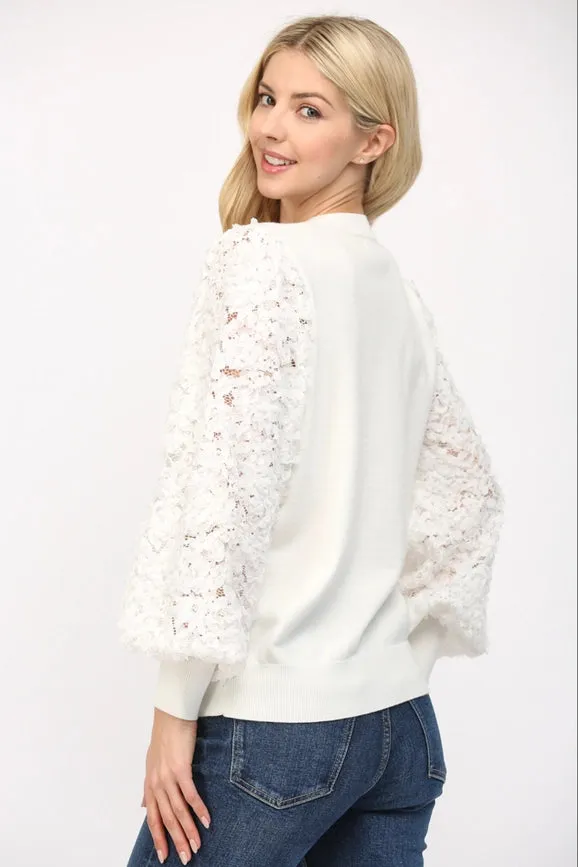 Contrast 3D Floral Lace Slv Crew Neck Sweater CREAM