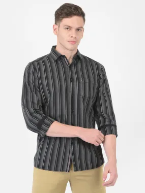 Cotton Melange Black Slim Fit Striped Casual Shirt