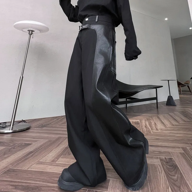 Dark Structured Patchwork Leather Wide-leg Pants