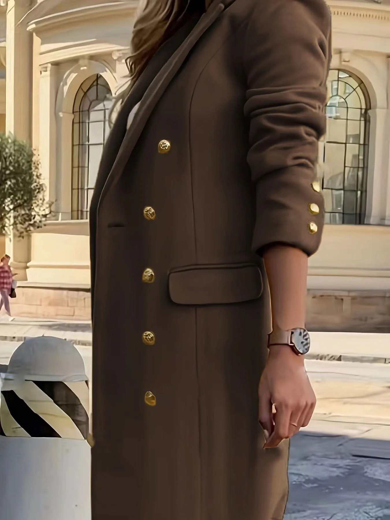 Elegant Double-Breasted Long Sleeve Coat - Polyester Solid Color Notched Collar Outerwear with Button Closure for Fall and Winter