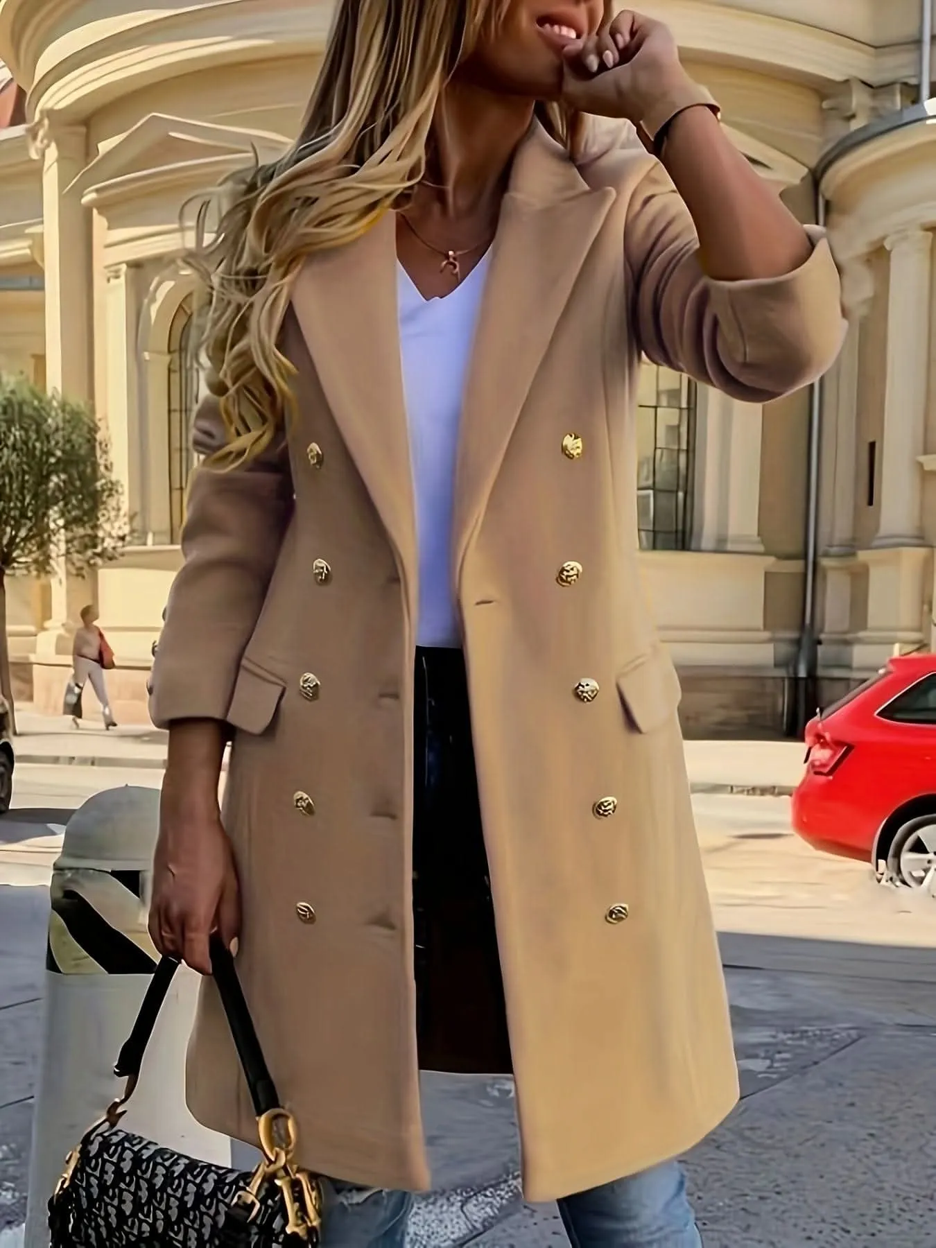 Elegant Double-Breasted Long Sleeve Coat - Polyester Solid Color Notched Collar Outerwear with Button Closure for Fall and Winter