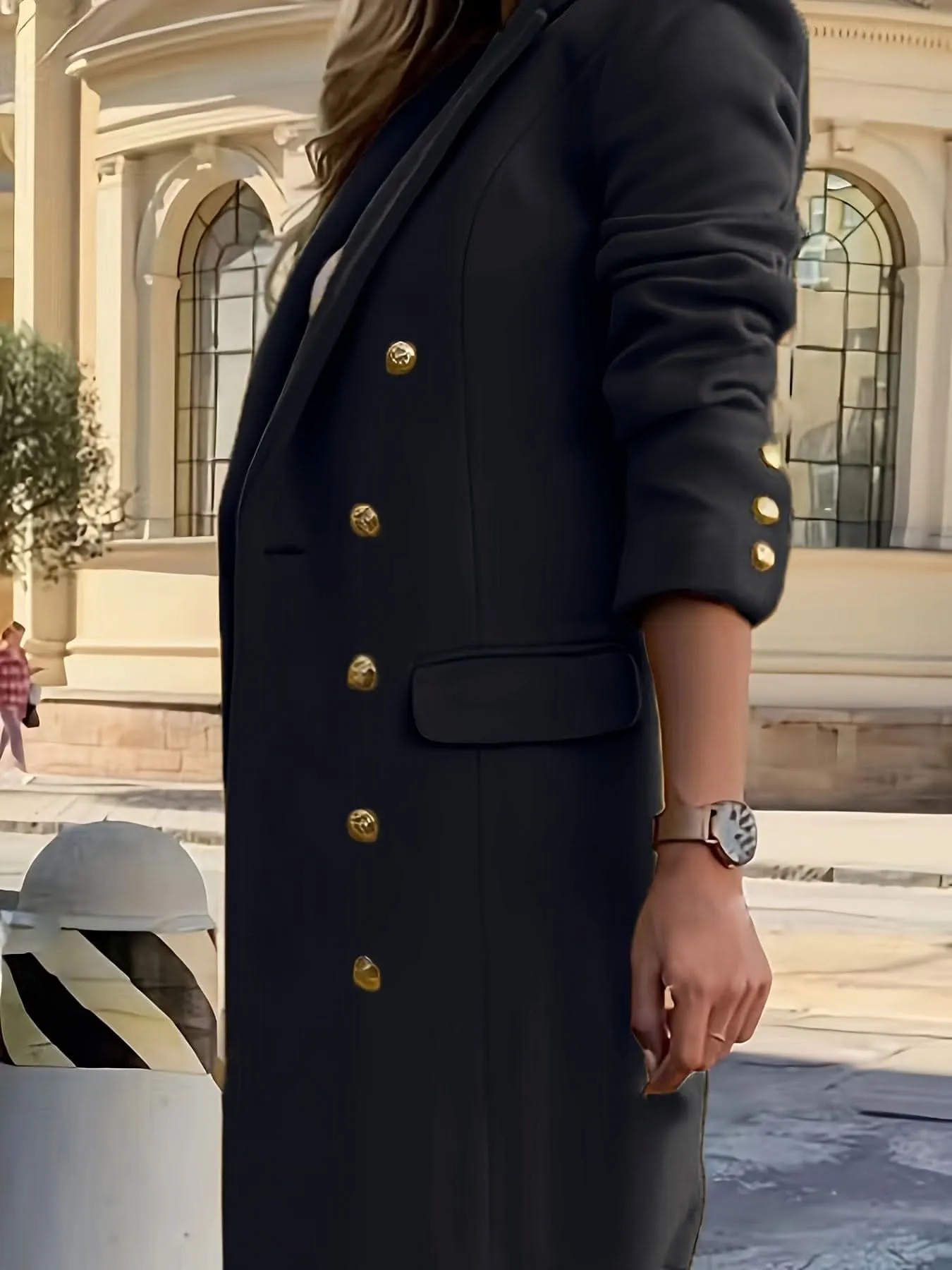 Elegant Double-Breasted Long Sleeve Coat - Polyester Solid Color Notched Collar Outerwear with Button Closure for Fall and Winter