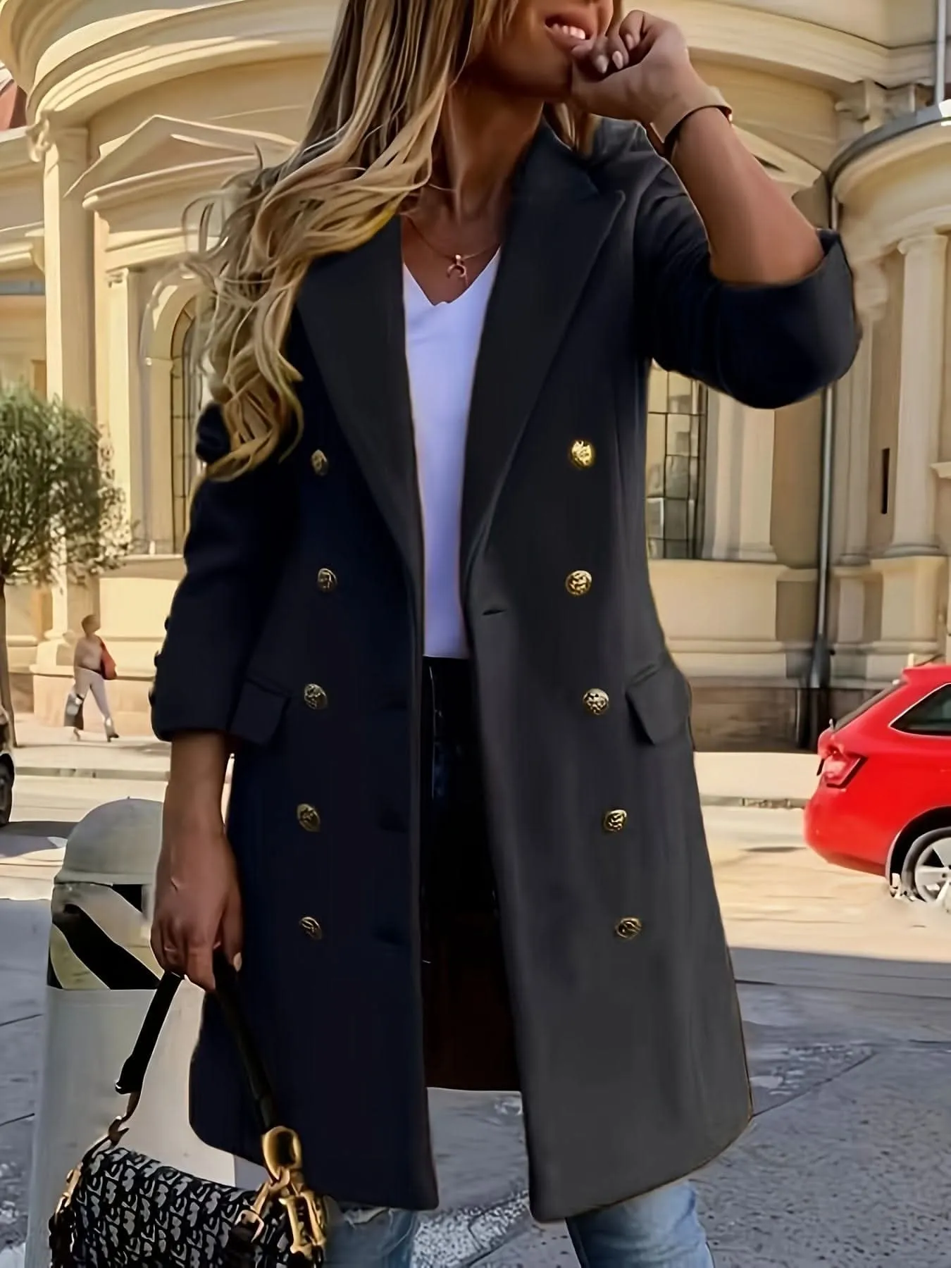 Elegant Double-Breasted Long Sleeve Coat - Polyester Solid Color Notched Collar Outerwear with Button Closure for Fall and Winter