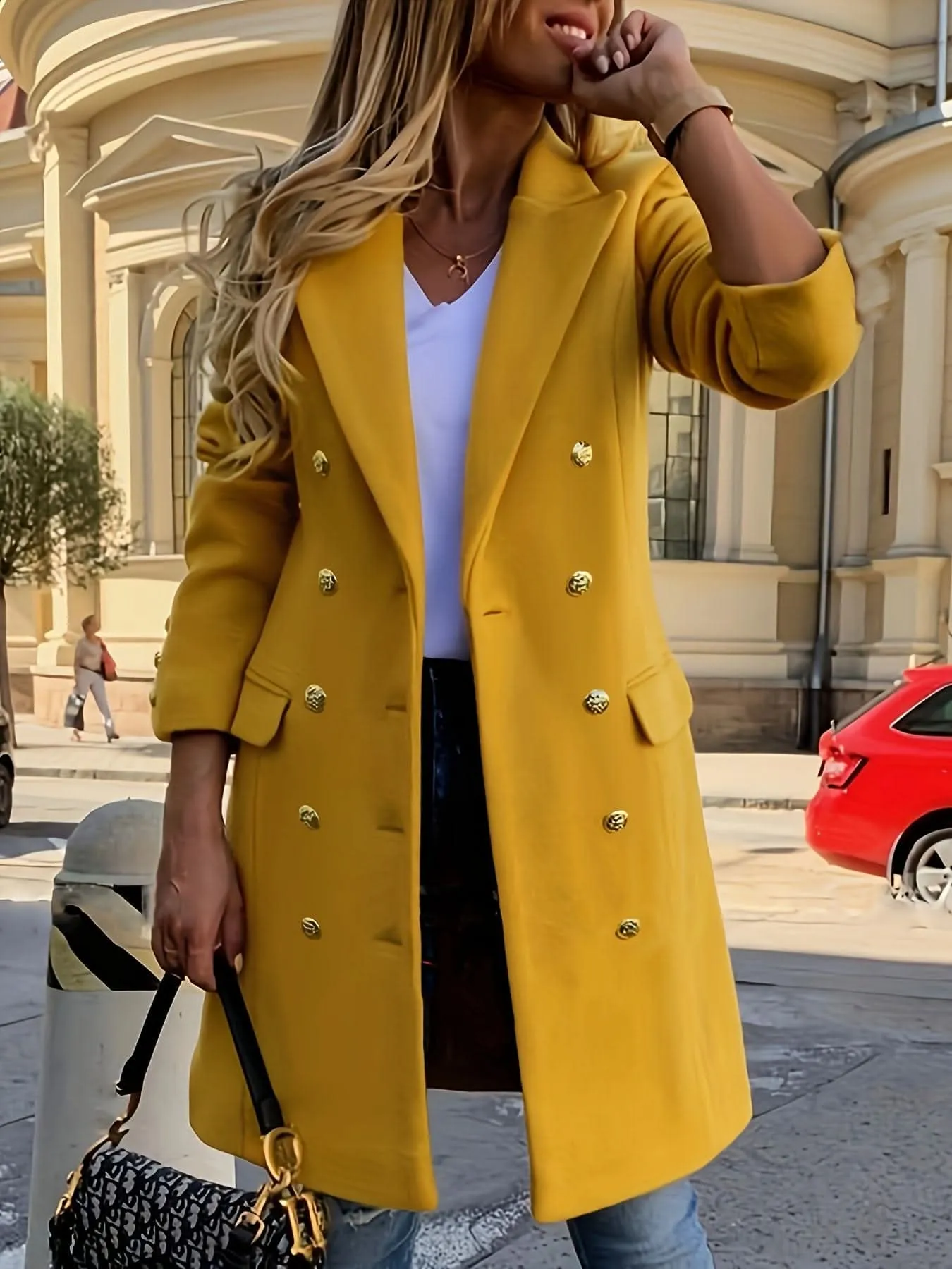 Elegant Double-Breasted Long Sleeve Coat - Polyester Solid Color Notched Collar Outerwear with Button Closure for Fall and Winter