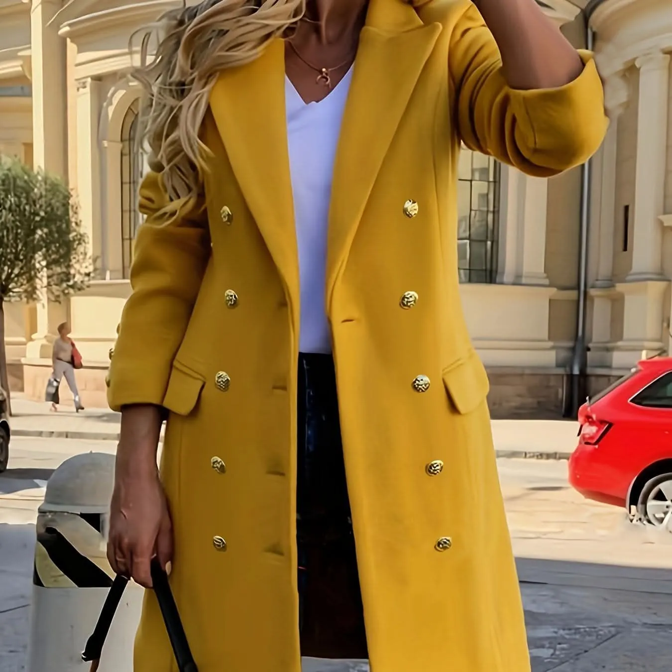 Elegant Double-Breasted Long Sleeve Coat - Polyester Solid Color Notched Collar Outerwear with Button Closure for Fall and Winter