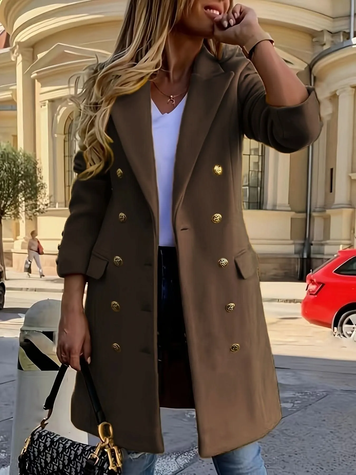 Elegant Double-Breasted Long Sleeve Coat - Polyester Solid Color Notched Collar Outerwear with Button Closure for Fall and Winter