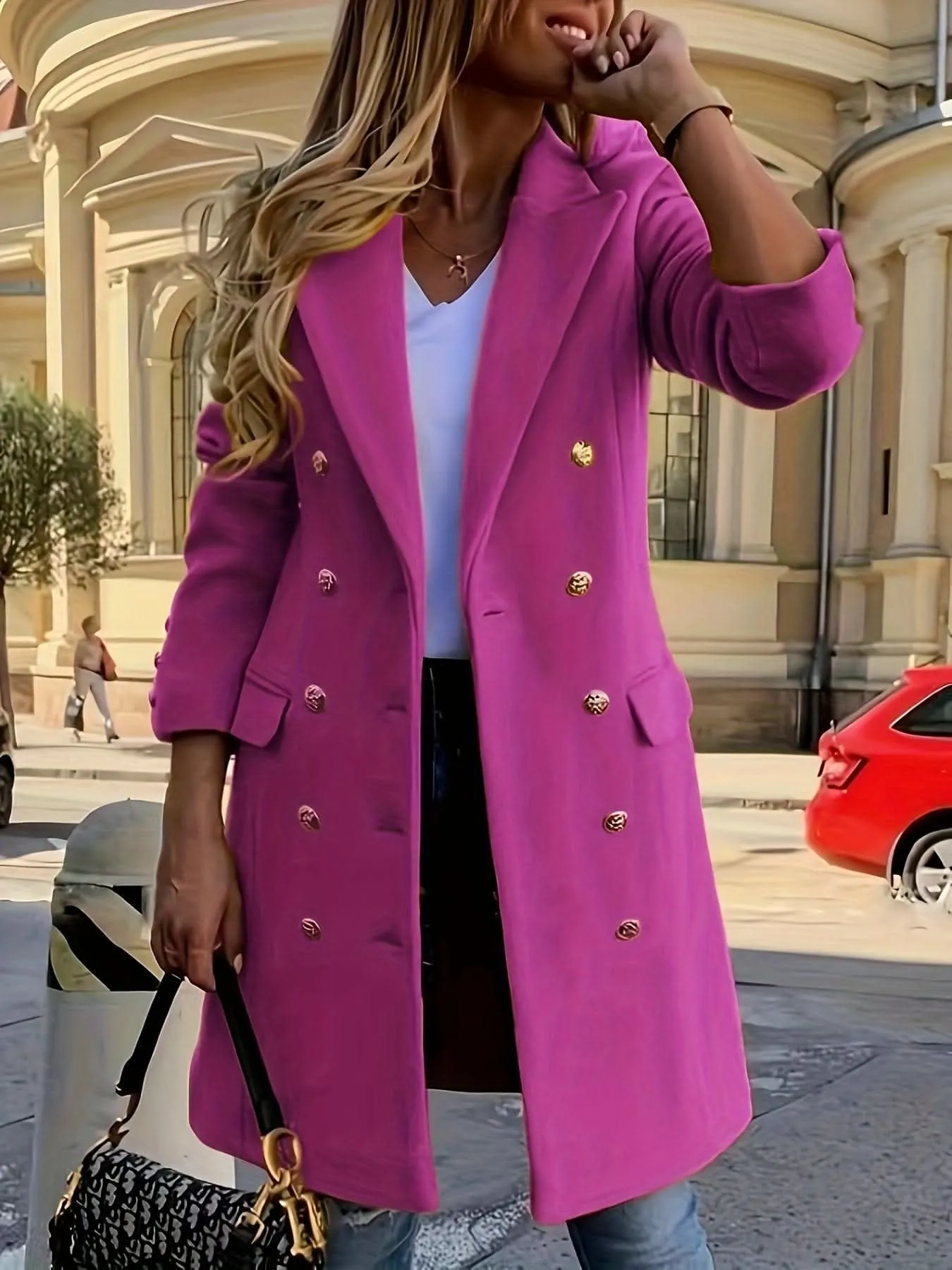 Elegant Double-Breasted Long Sleeve Coat - Polyester Solid Color Notched Collar Outerwear with Button Closure for Fall and Winter