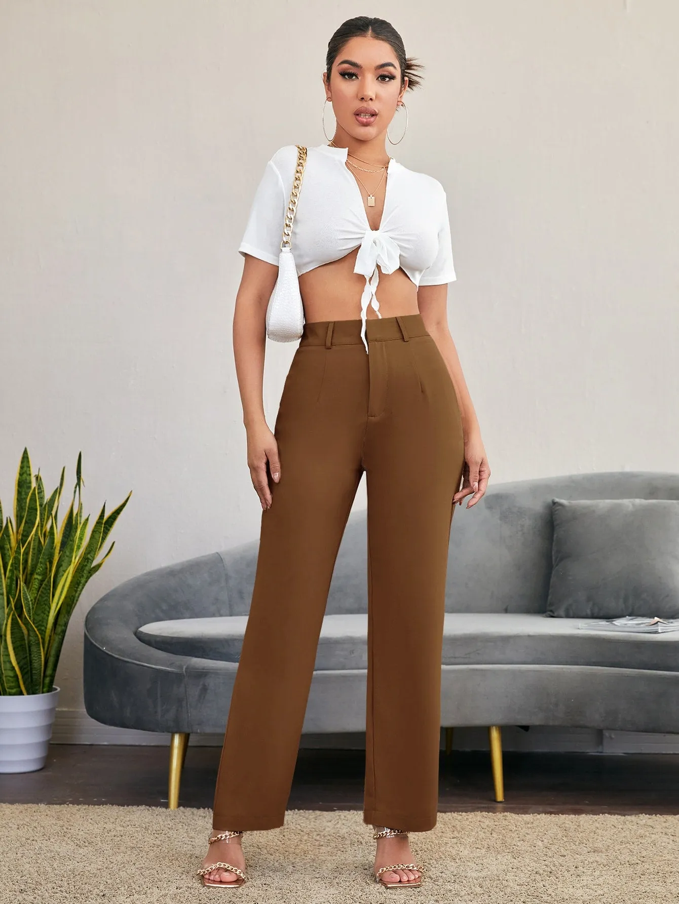 Essnce Solid High Rise Tailored Pants