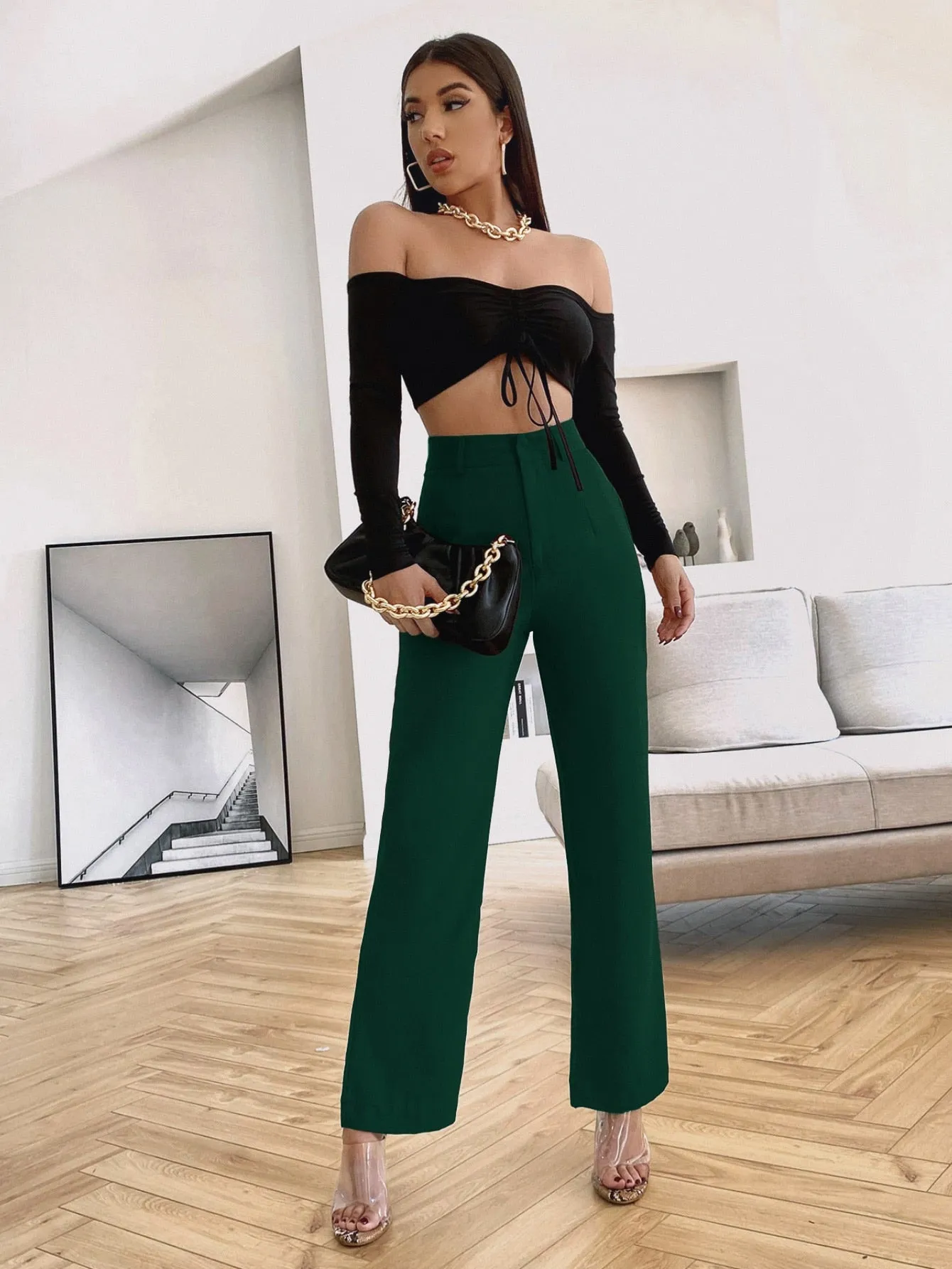 Essnce Solid High Rise Tailored Pants