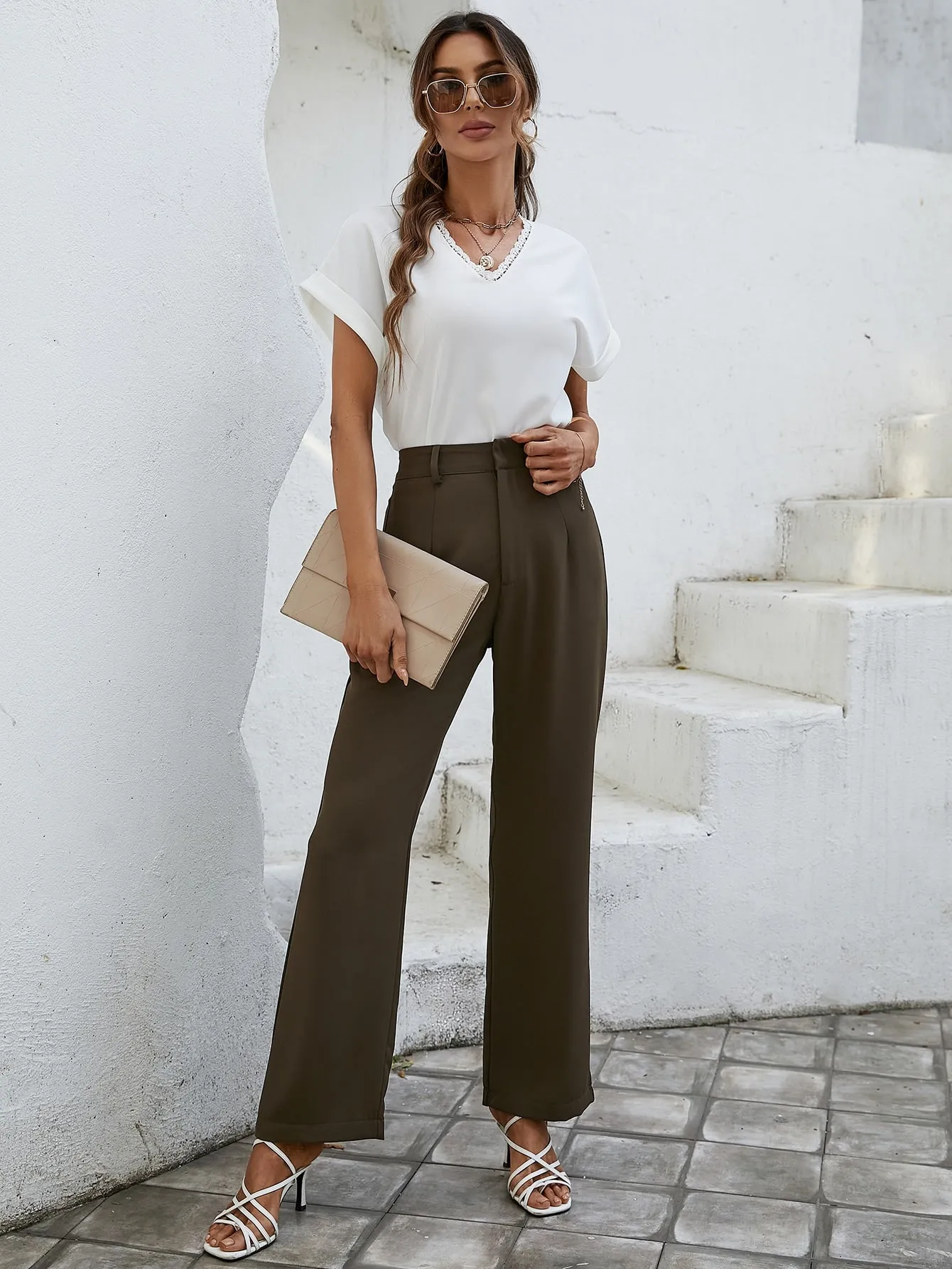 Essnce Solid High Rise Tailored Pants