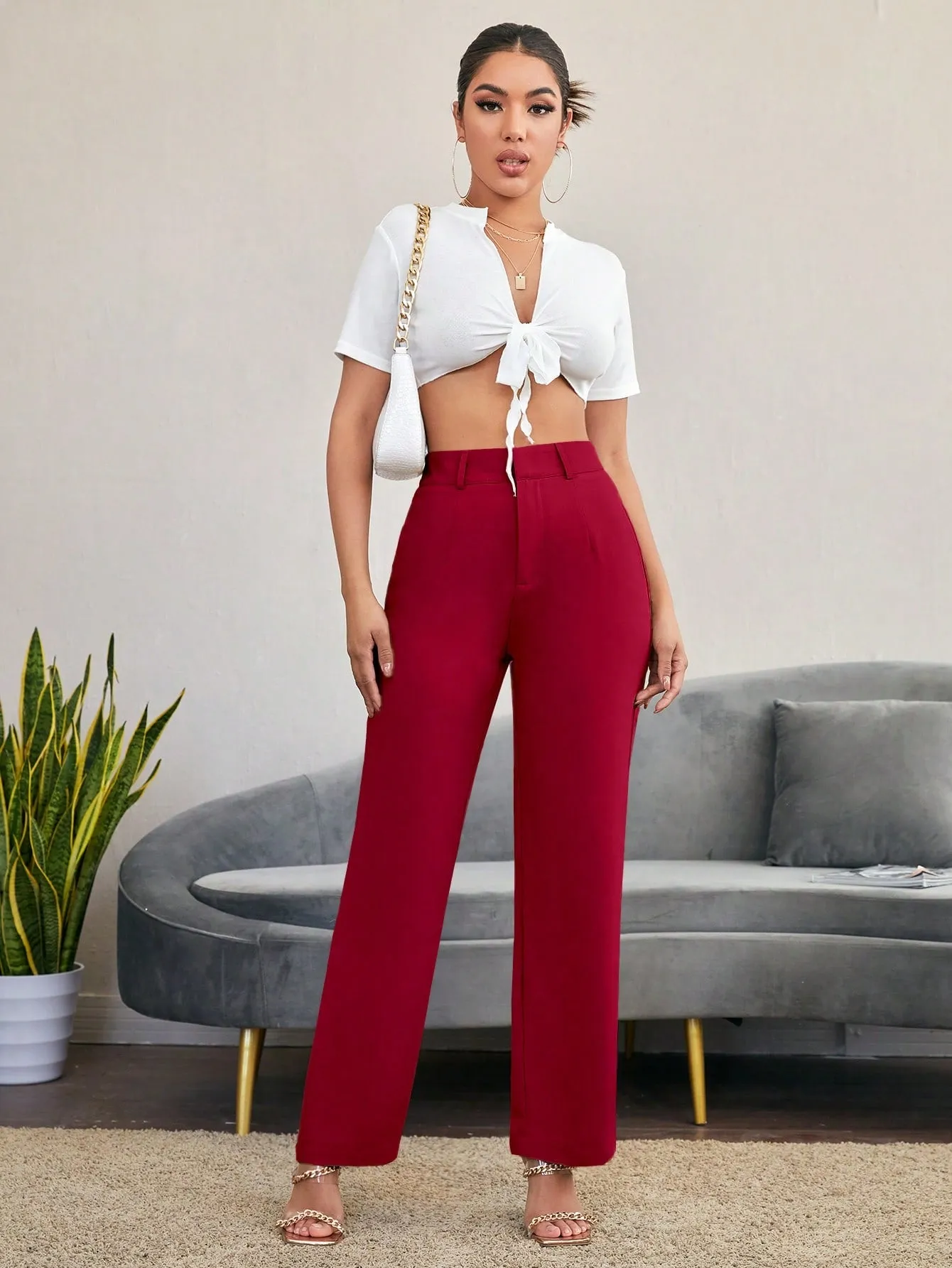 Essnce Solid High Rise Tailored Pants