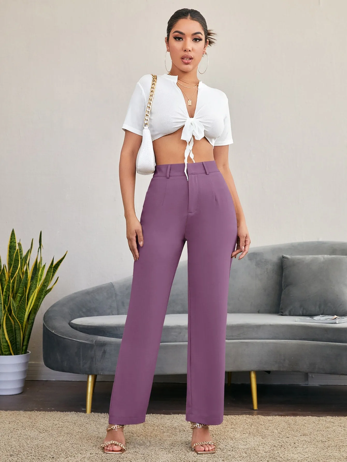 Essnce Solid High Rise Tailored Pants