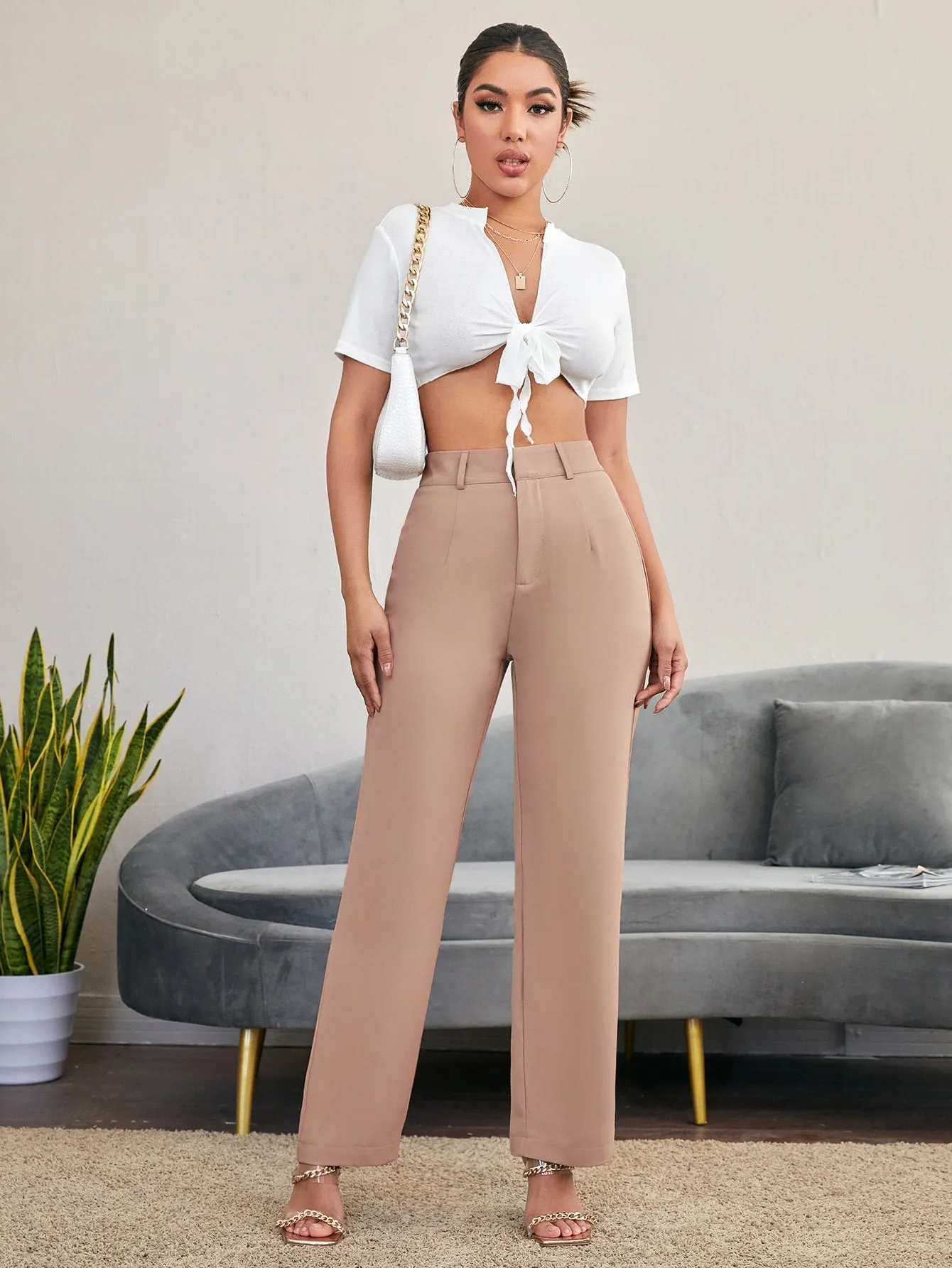 Essnce Solid High Rise Tailored Pants