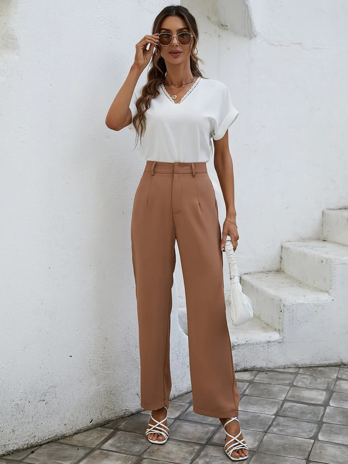 Essnce Solid High Rise Tailored Pants