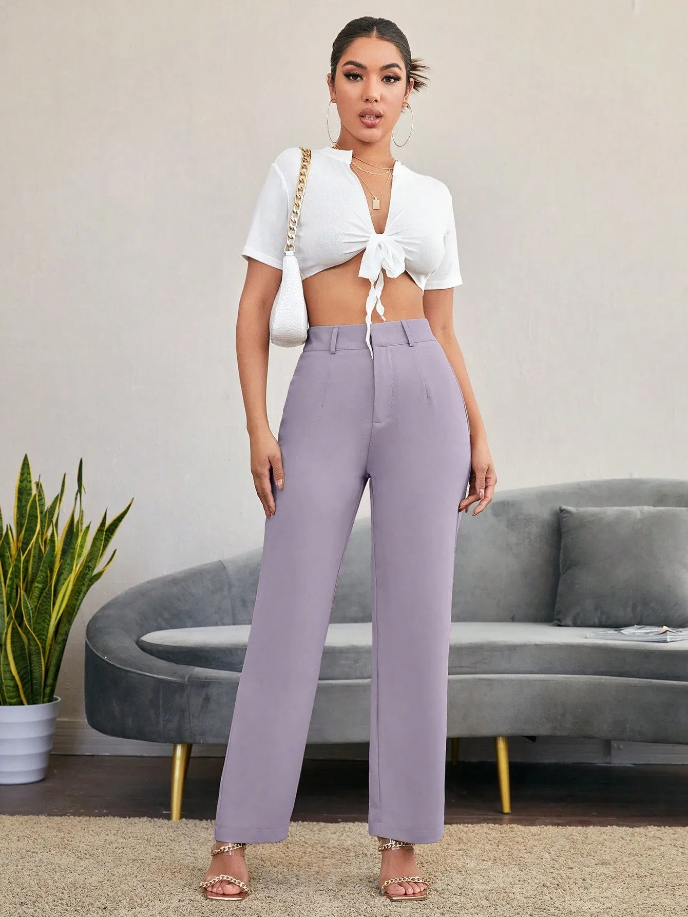 Essnce Solid High Rise Tailored Pants