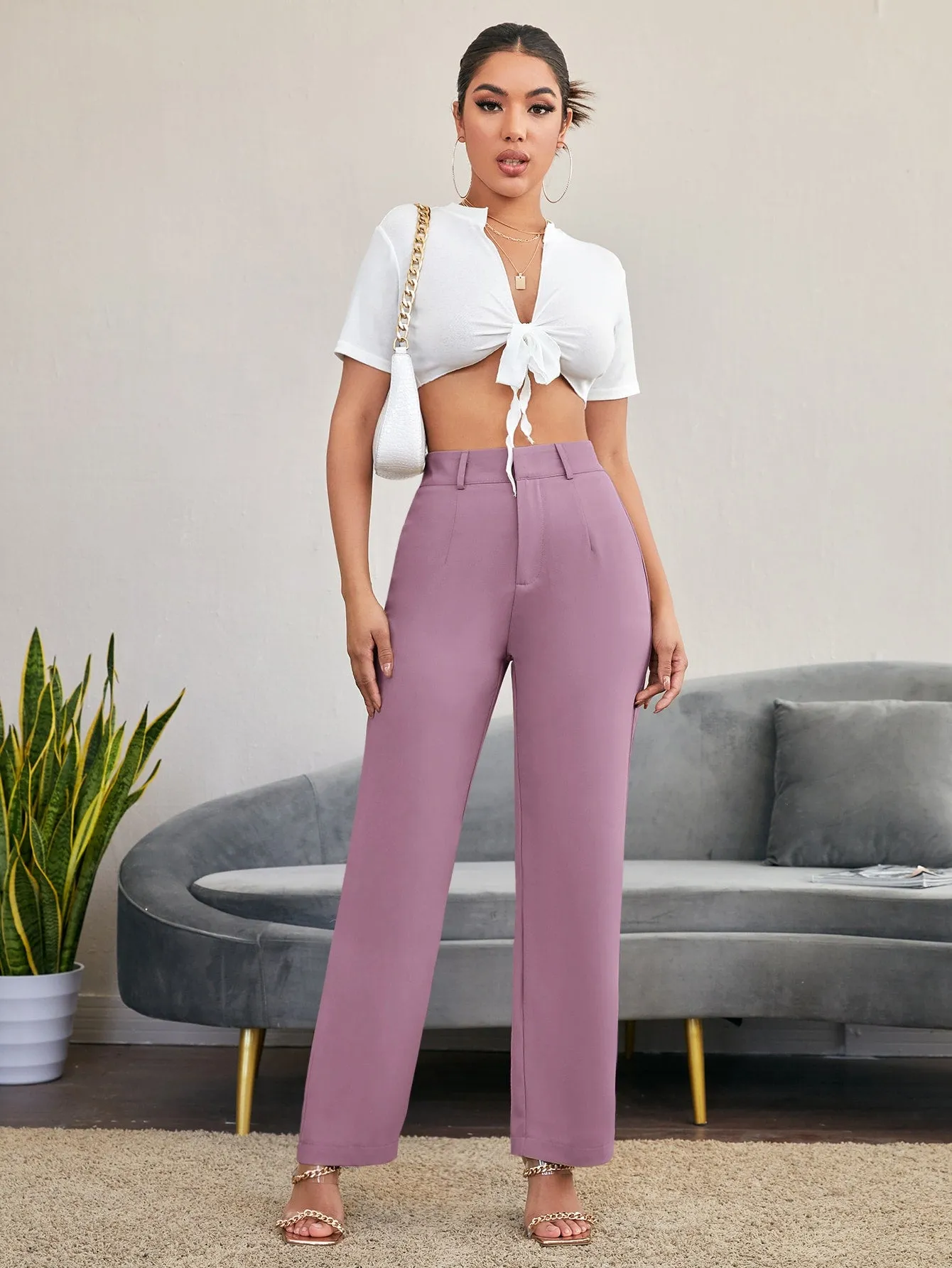 Essnce Solid High Rise Tailored Pants