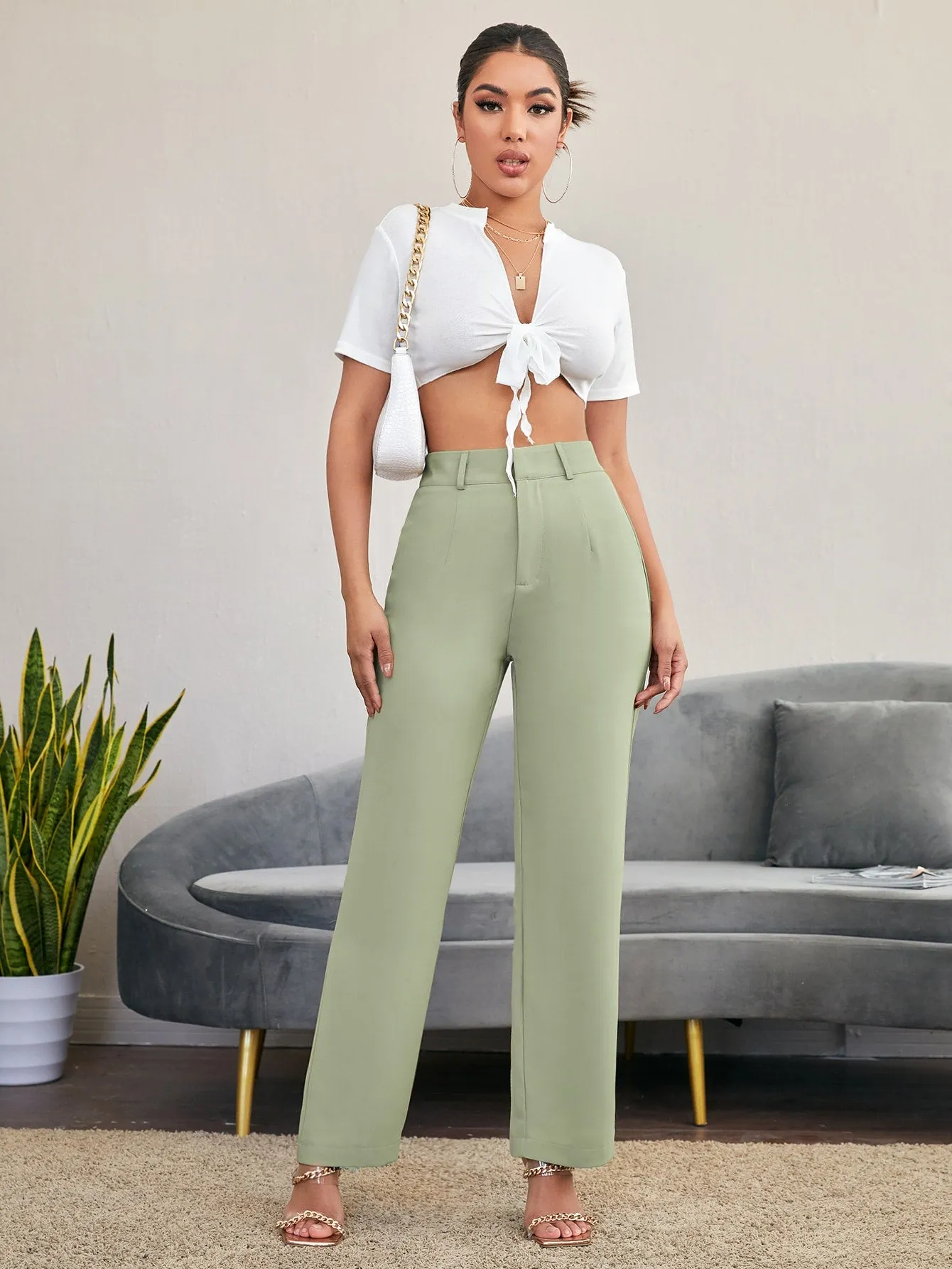 Essnce Solid High Rise Tailored Pants