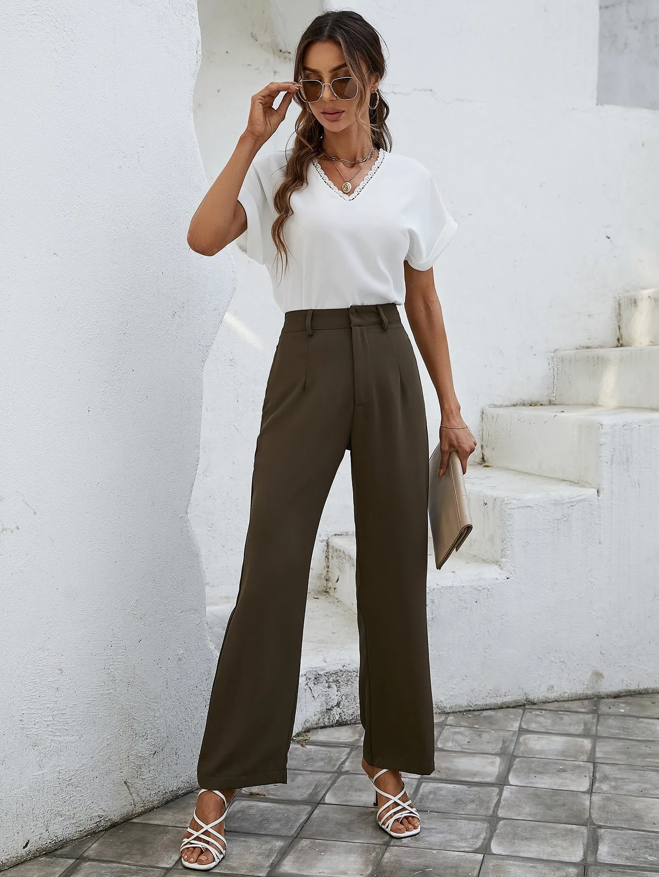 Essnce Solid High Rise Tailored Pants