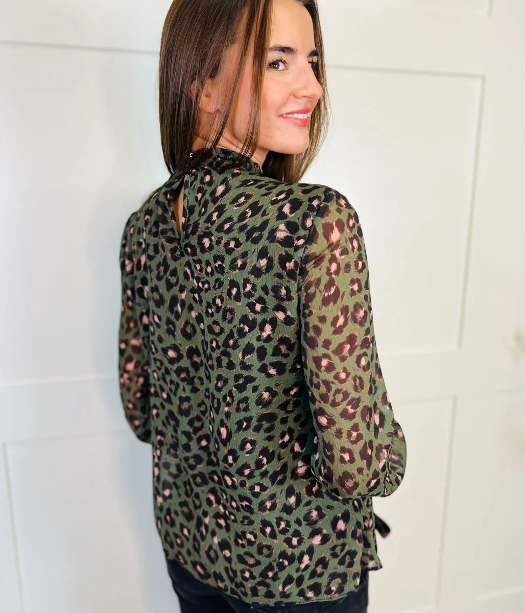 Green Animal Print High Neck Blouse