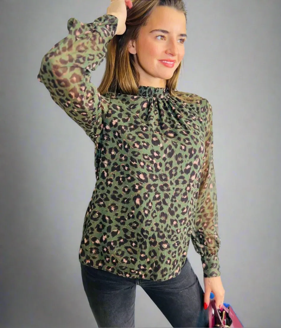 Green Animal Print High Neck Blouse