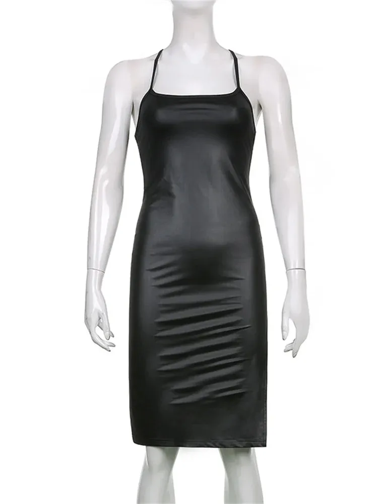 Hirigin PU Leather Black Party Halter Backless Bandage Club Slit Midi Dress