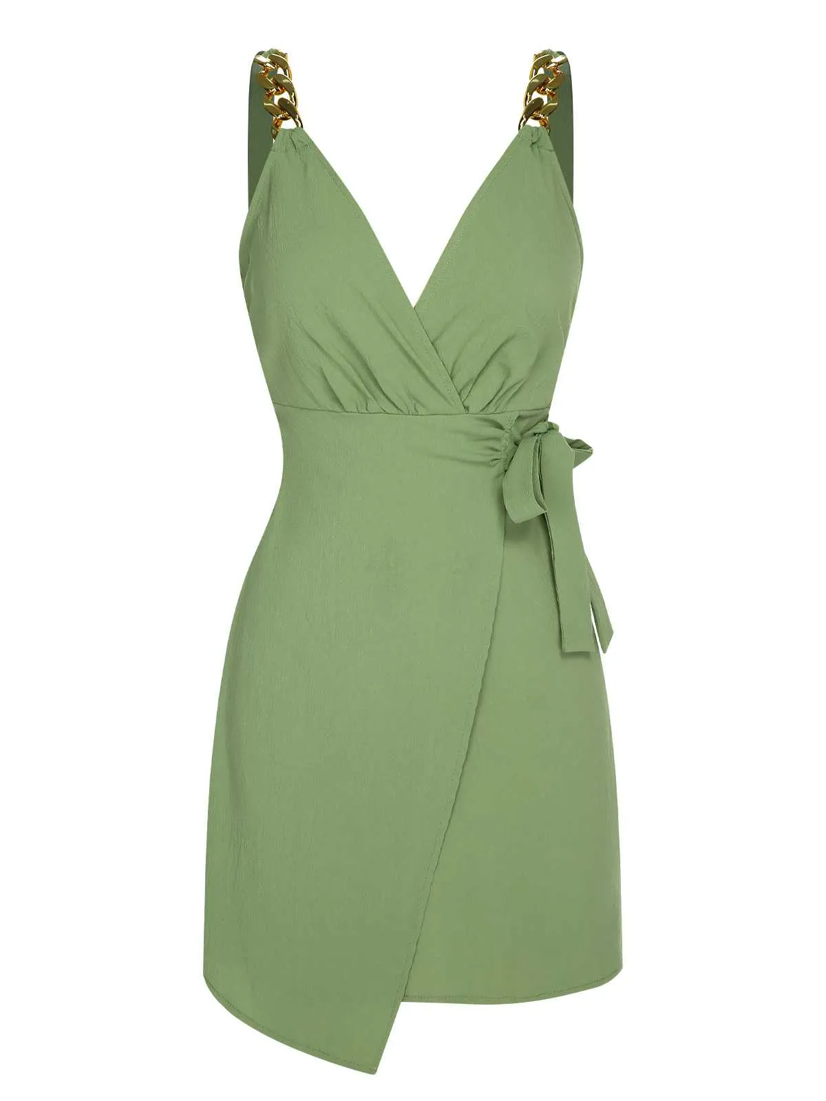 Light Green 1960s V-Neck Chain Strap Solid Dress