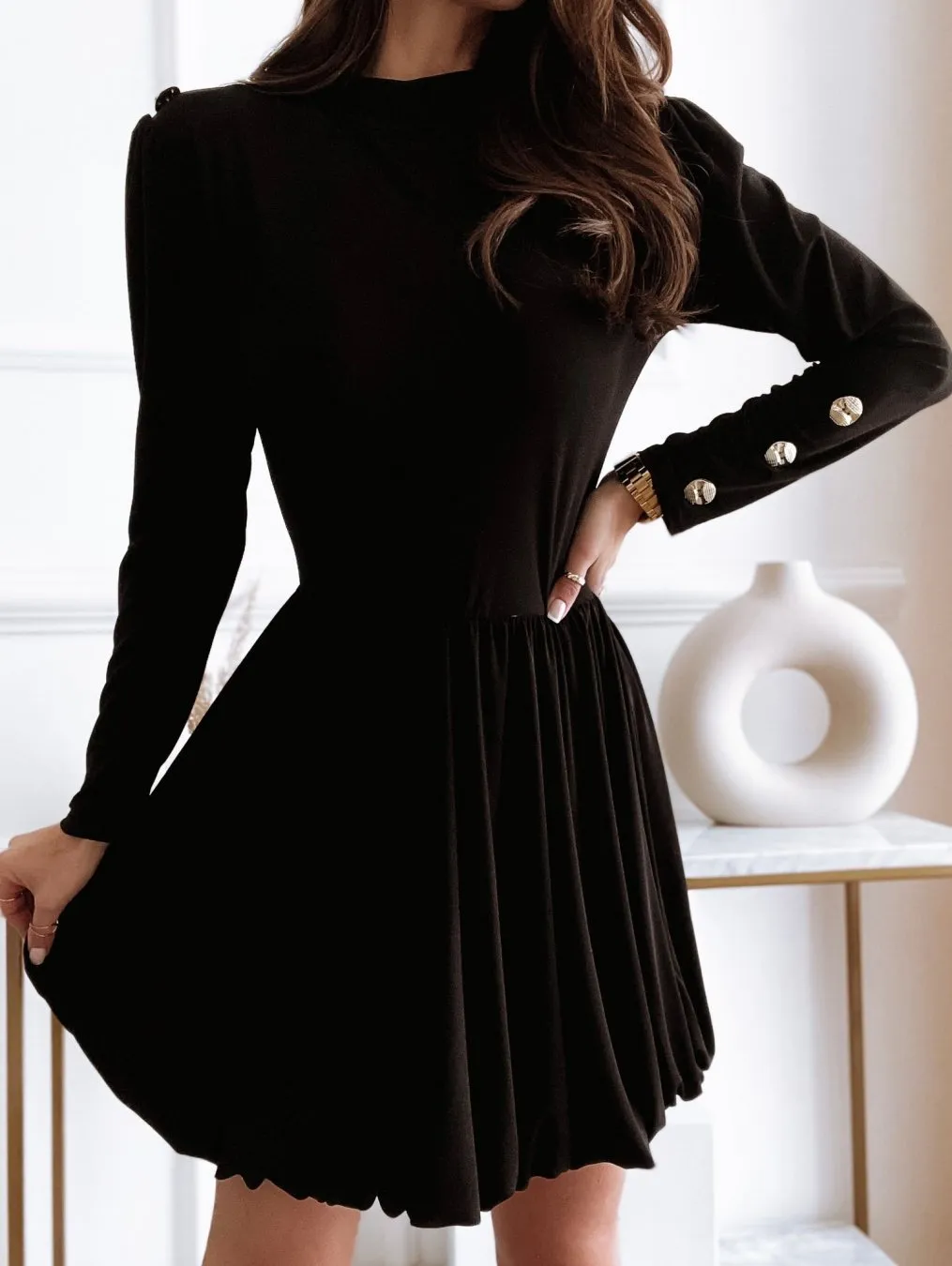 Long Sleeve Solid Ball Gown Casual Dress O-Neck Cute Mini