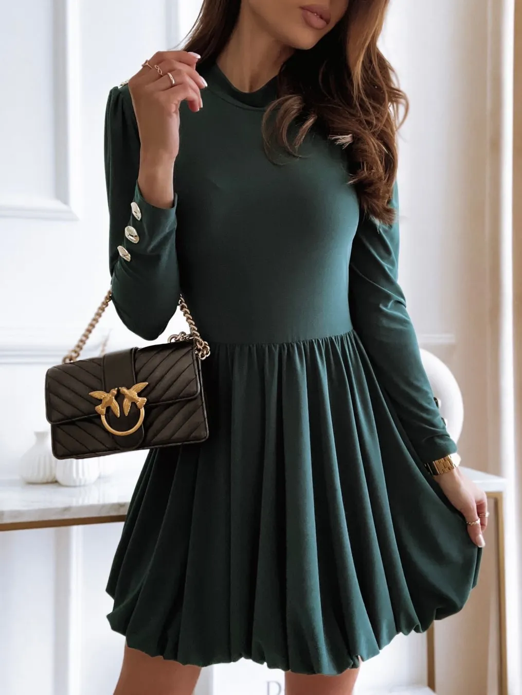 Long Sleeve Solid Ball Gown Casual Dress O-Neck Cute Mini