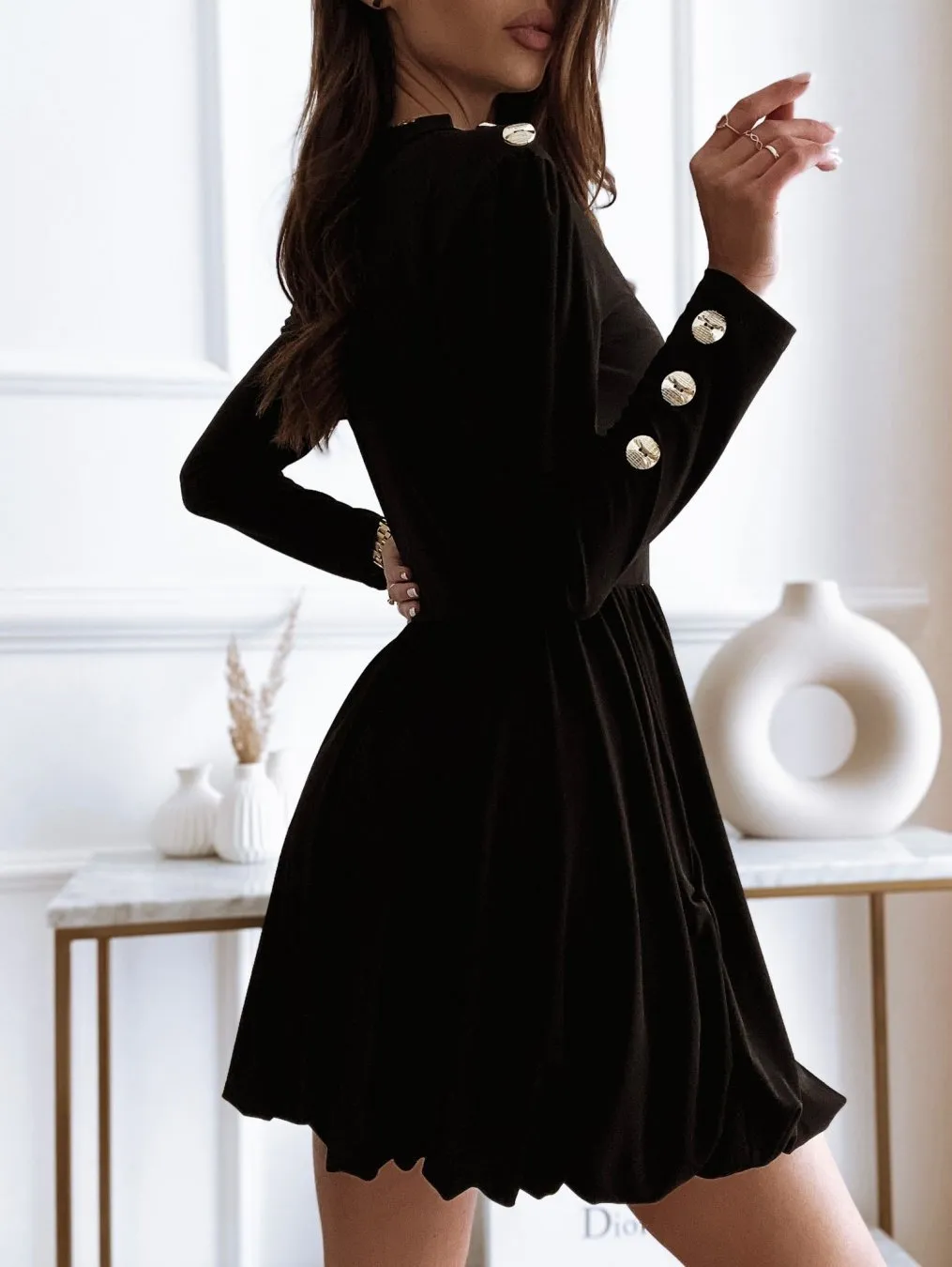 Long Sleeve Solid Ball Gown Casual Dress O-Neck Cute Mini