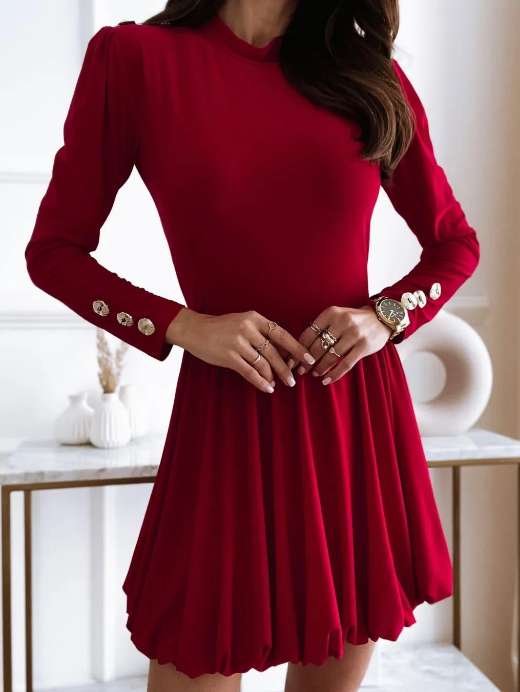 Long Sleeve Solid Ball Gown Casual Dress O-Neck Cute Mini