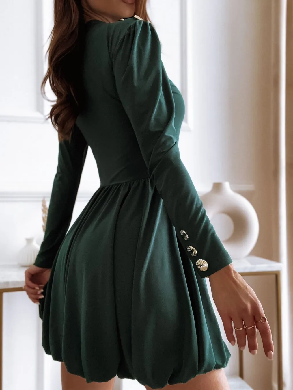 Long Sleeve Solid Ball Gown Casual Dress O-Neck Cute Mini