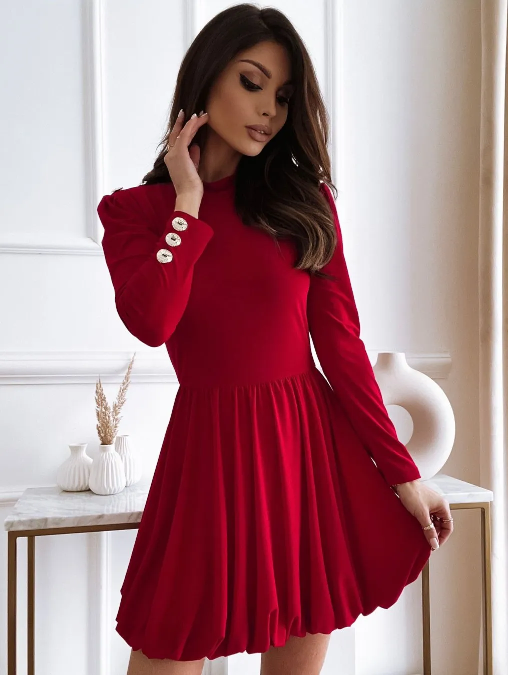 Long Sleeve Solid Ball Gown Casual Dress O-Neck Cute Mini