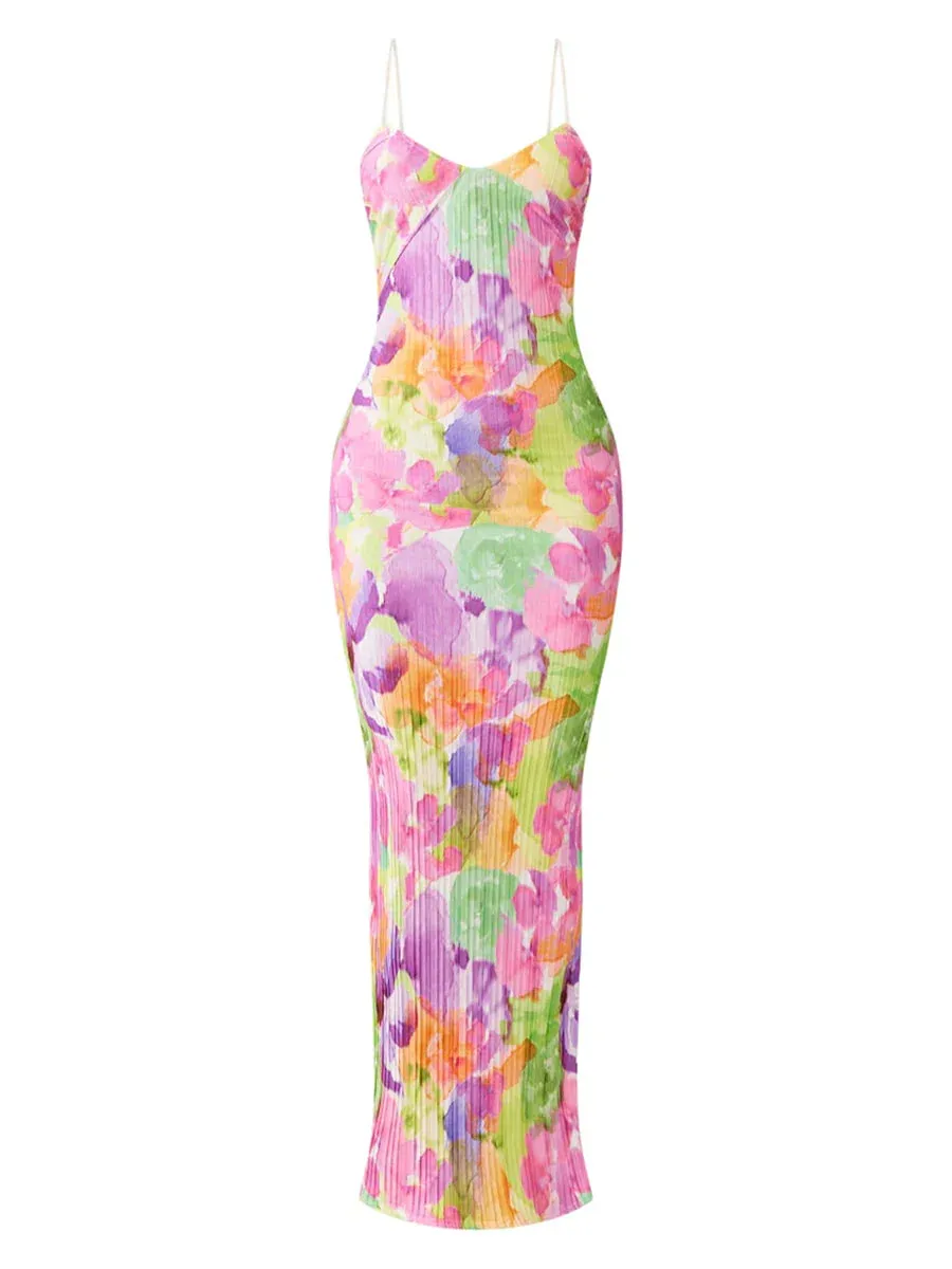 Low Cut Bodycon Sleeveless Spaghetti Strap Backless Long Vintage Floral Printed Slim Fit Summer Sexy Dress