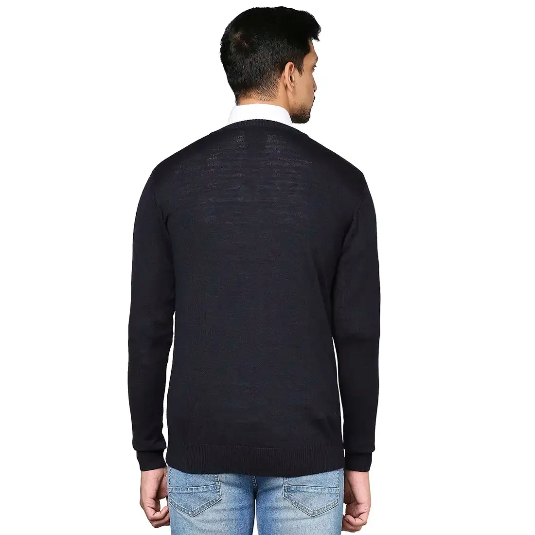 Men Blue Solid Wool Blend Full Sleeve V Neck Collar Sweaters