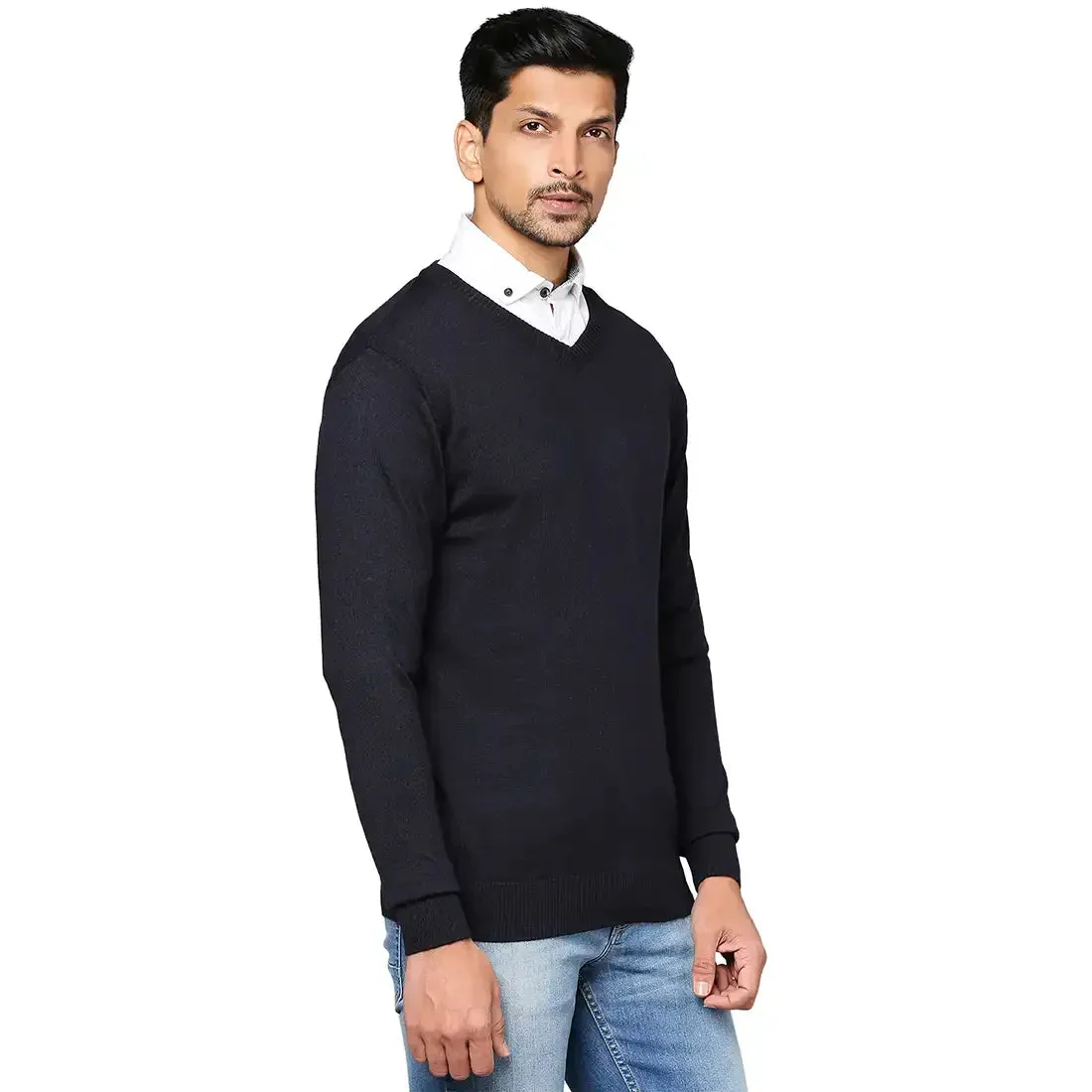 Men Blue Solid Wool Blend Full Sleeve V Neck Collar Sweaters