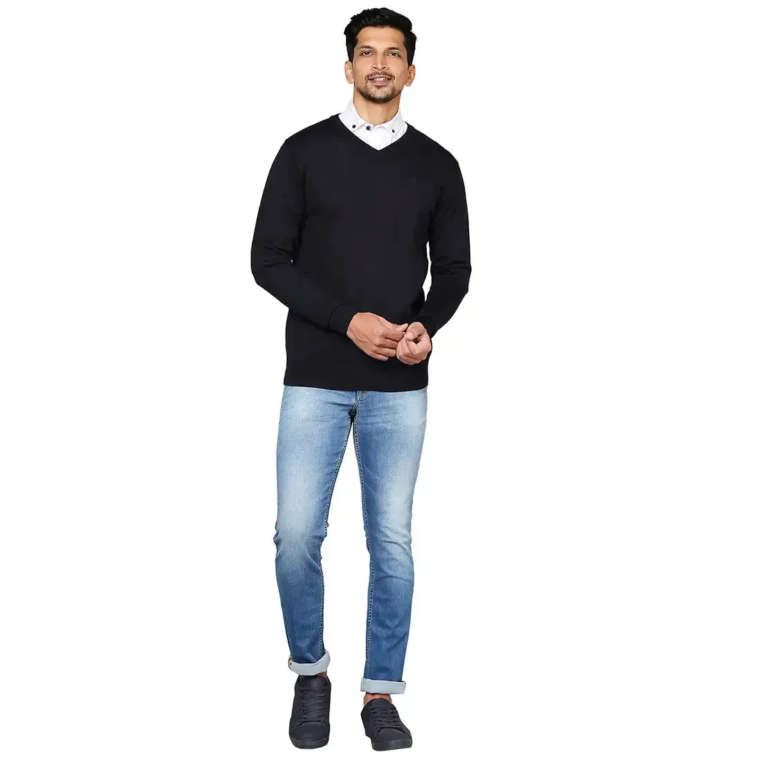 Men Blue Solid Wool Blend Full Sleeve V Neck Collar Sweaters