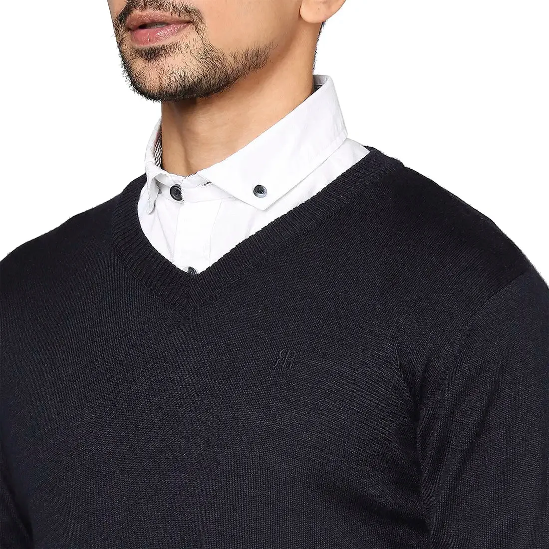 Men Blue Solid Wool Blend Full Sleeve V Neck Collar Sweaters