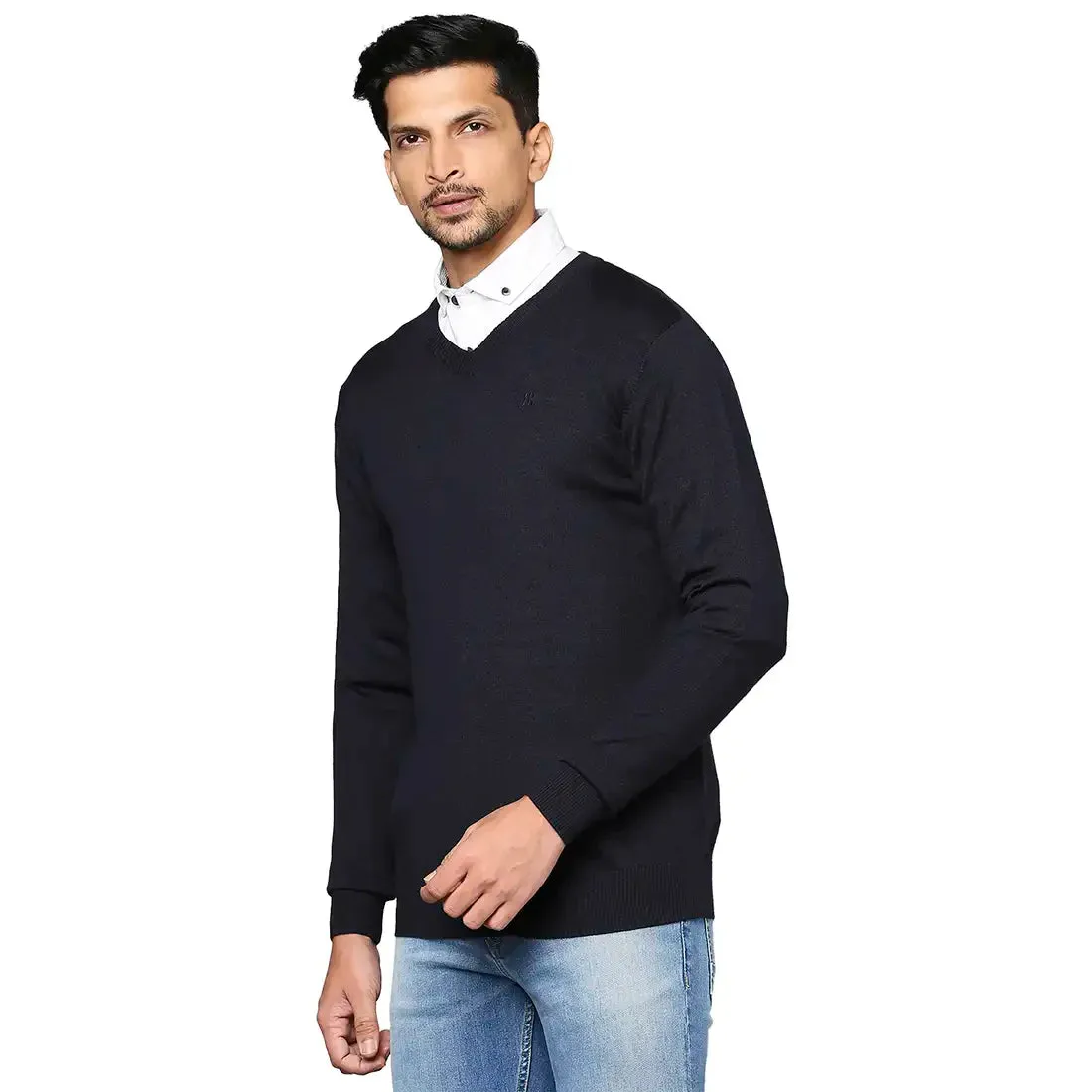 Men Blue Solid Wool Blend Full Sleeve V Neck Collar Sweaters