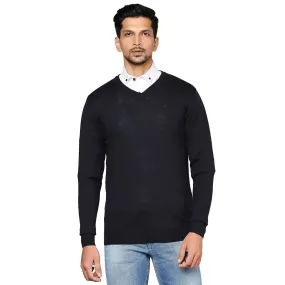 Men Blue Solid Wool Blend Full Sleeve V Neck Collar Sweaters